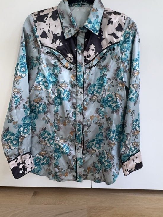 Double D Ranch Tops - Double D Ranch Teal Floral Satin Western Shirt Jacket with Black Yoke